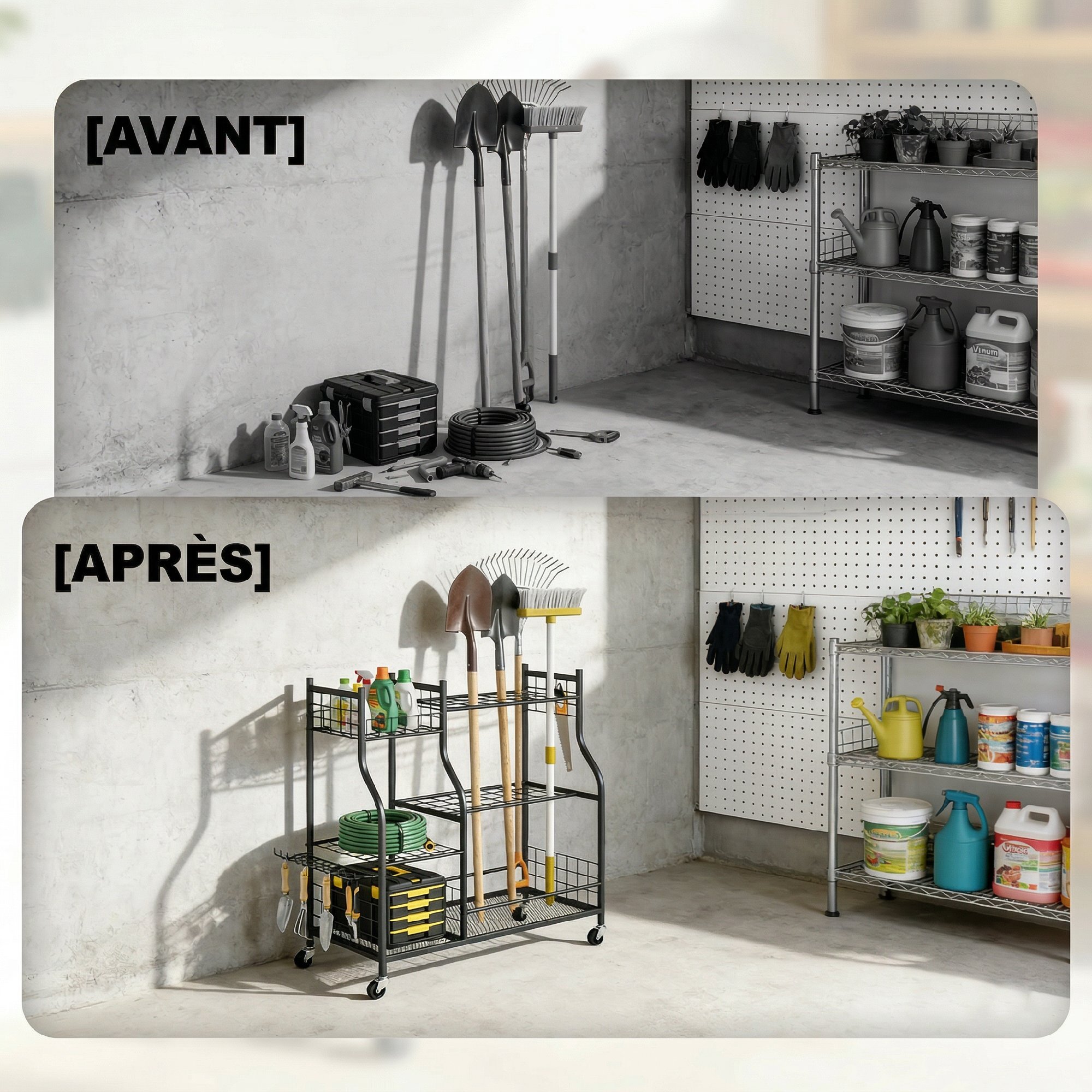 Organisateur d'outils de jardin - chariot de jardin - 11 crochets, 32 compartiments, 3 étagères - acier noir