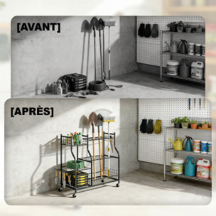 Organisateur d'outils de jardin - chariot de jardin - 11 crochets, 32 compartiments, 3 étagères - acier noir