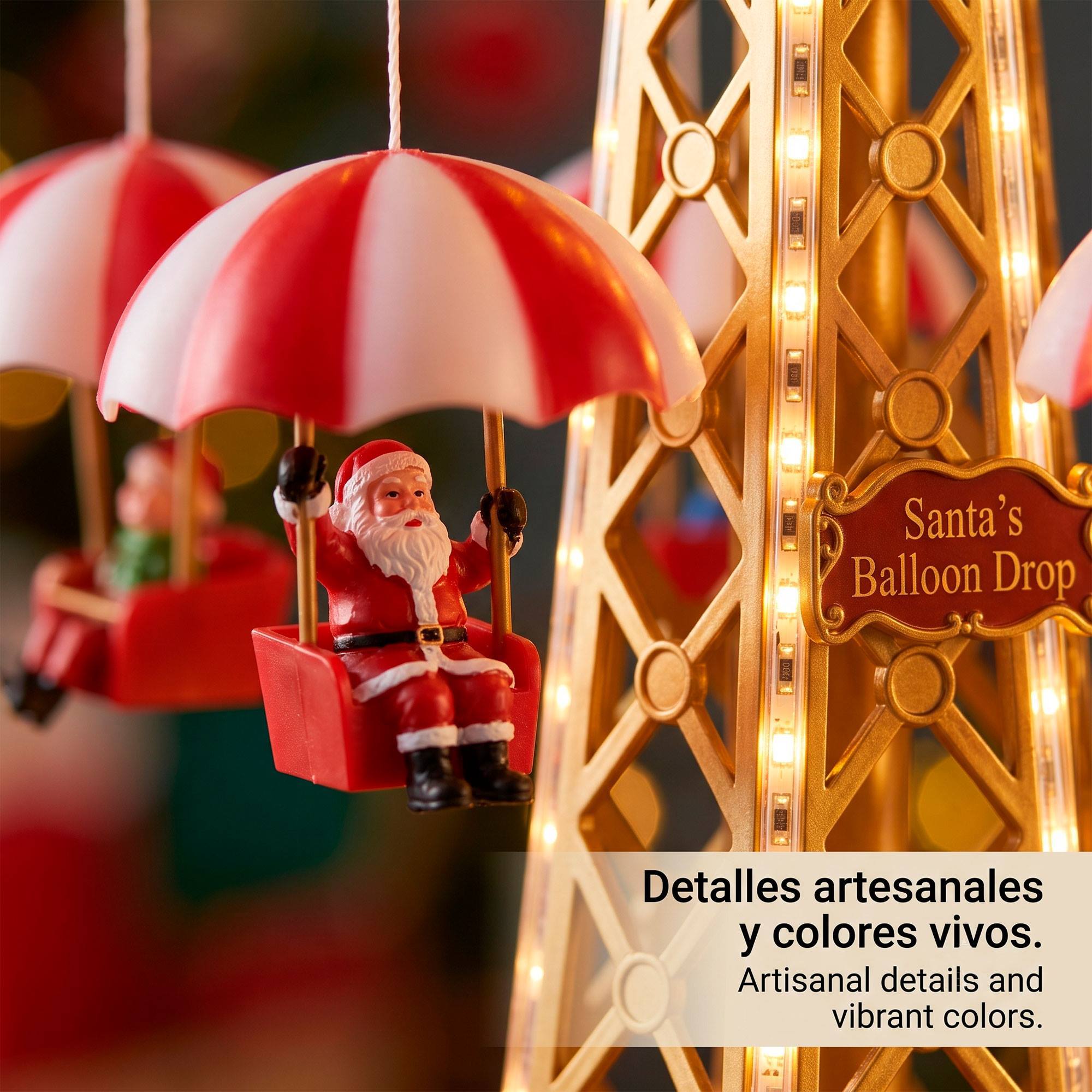 Carrusel navideño papá noel con globos, movimiento giratorio, música y luces led, funciona con pilas, decoración de navidad 24,5x24,5x44,5cm