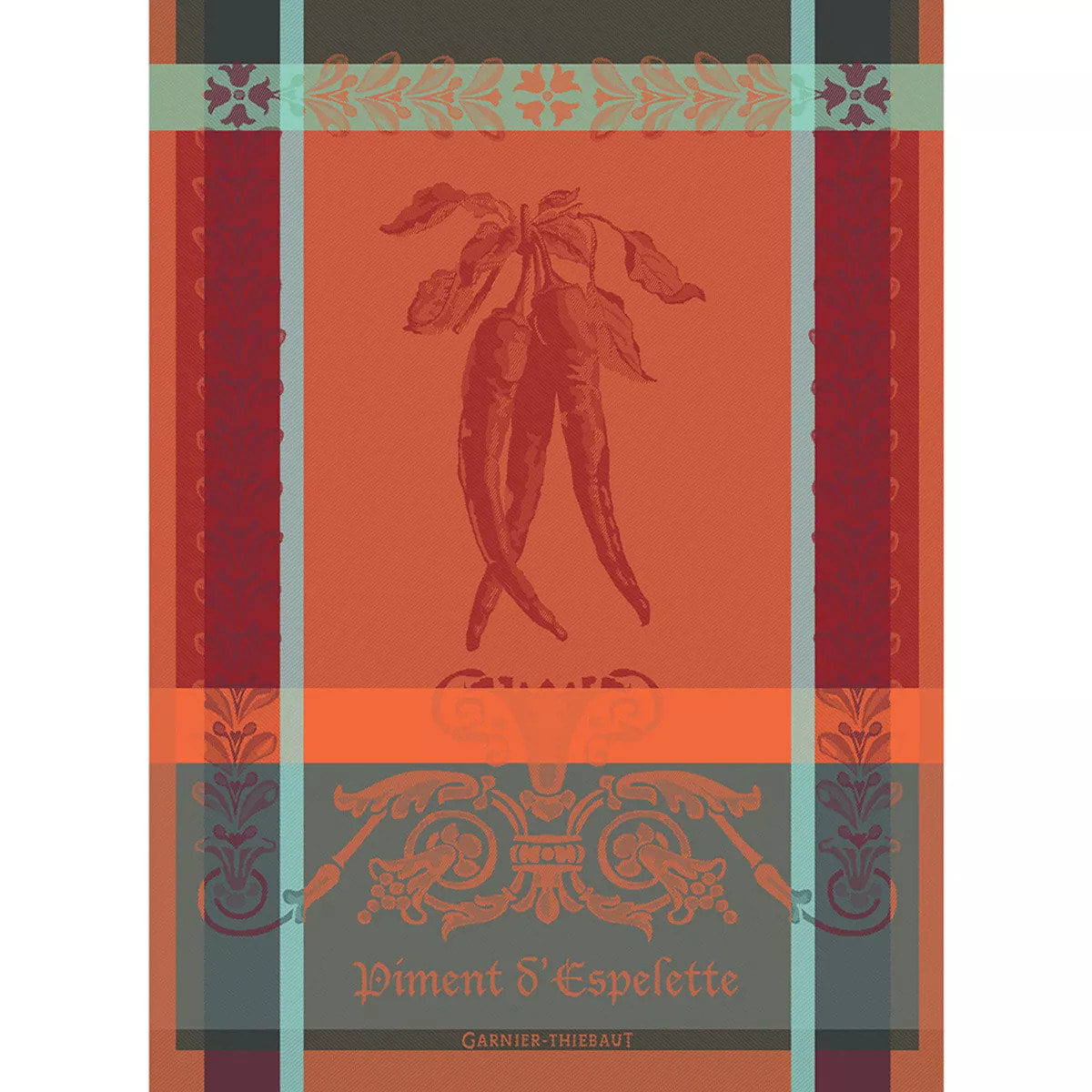 Torchon pur coton motif jacquard orange rouge Piment d'espelette epices