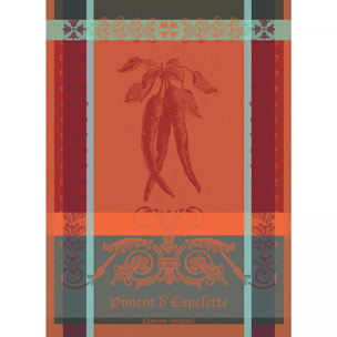 Torchon pur coton motif jacquard orange rouge Piment d'espelette epices