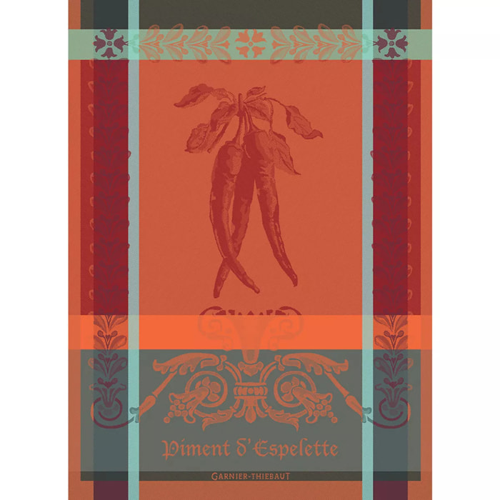 Torchon pur coton motif jacquard orange rouge Piment d'espelette epices