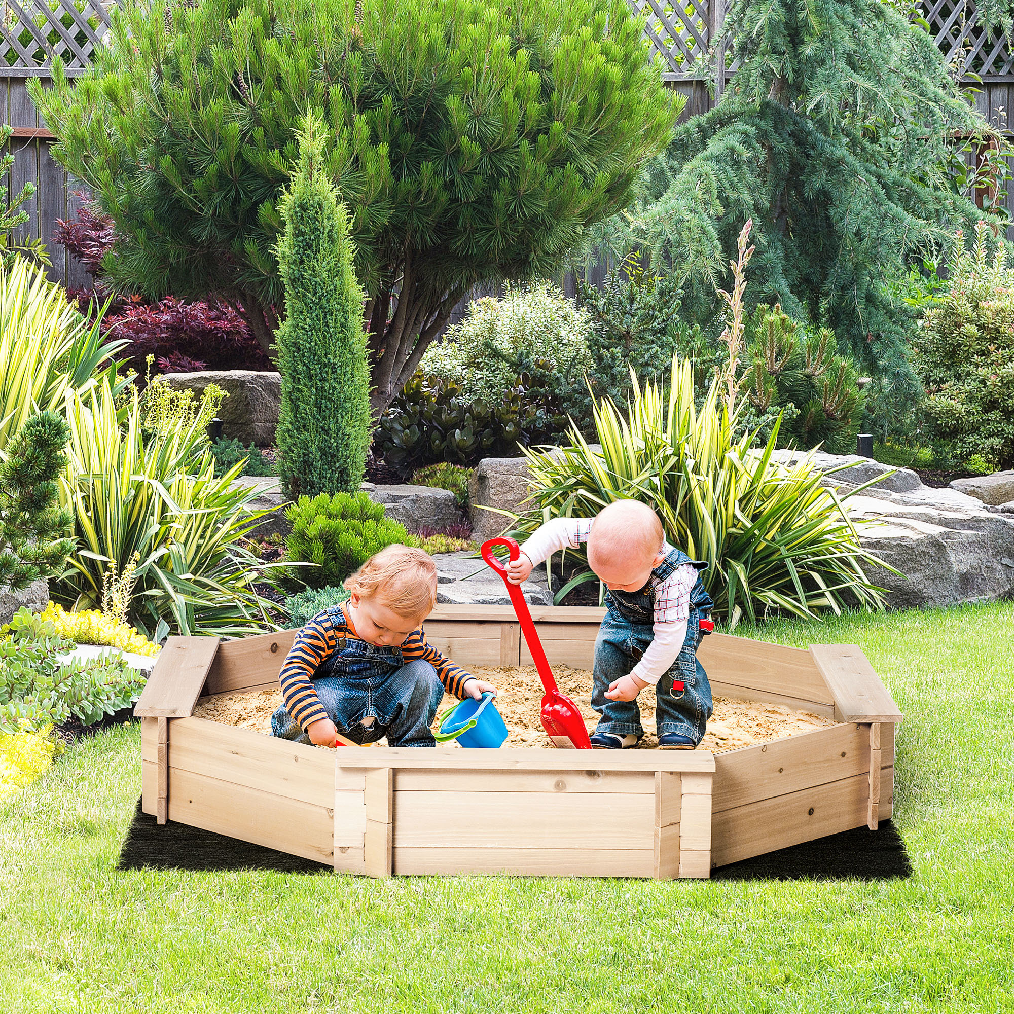 Bac à sable bois octogonal dim. 139,5L x 139,5l x 21,5H cm - 4 bancs - bâche de couverture, non tissé de sol inclus - bois sapin