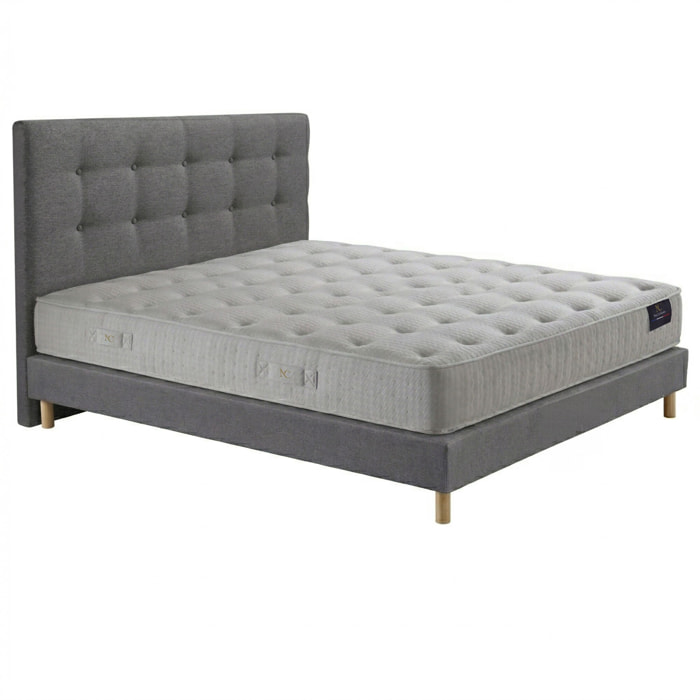Ensemble matelas ressorts ensachés ARTÉMIS 2, accueil mémoire de forme, H26 cm, sommier et tête de lit gris