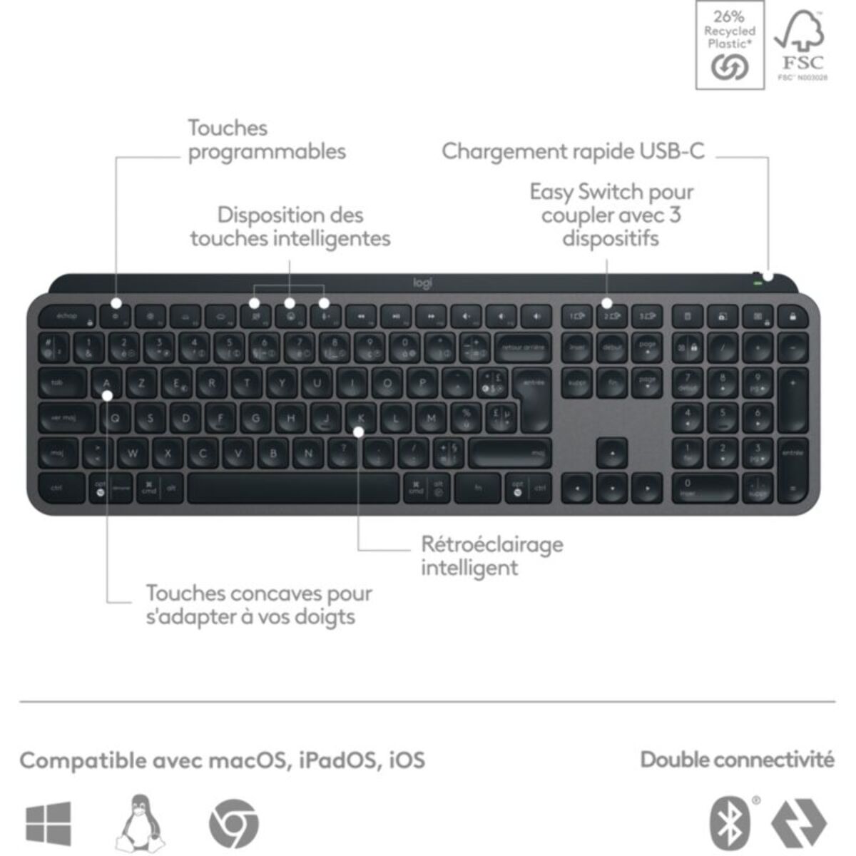 Clavier sans fil LOGITECH MX Keys S  Silencieux Graphite