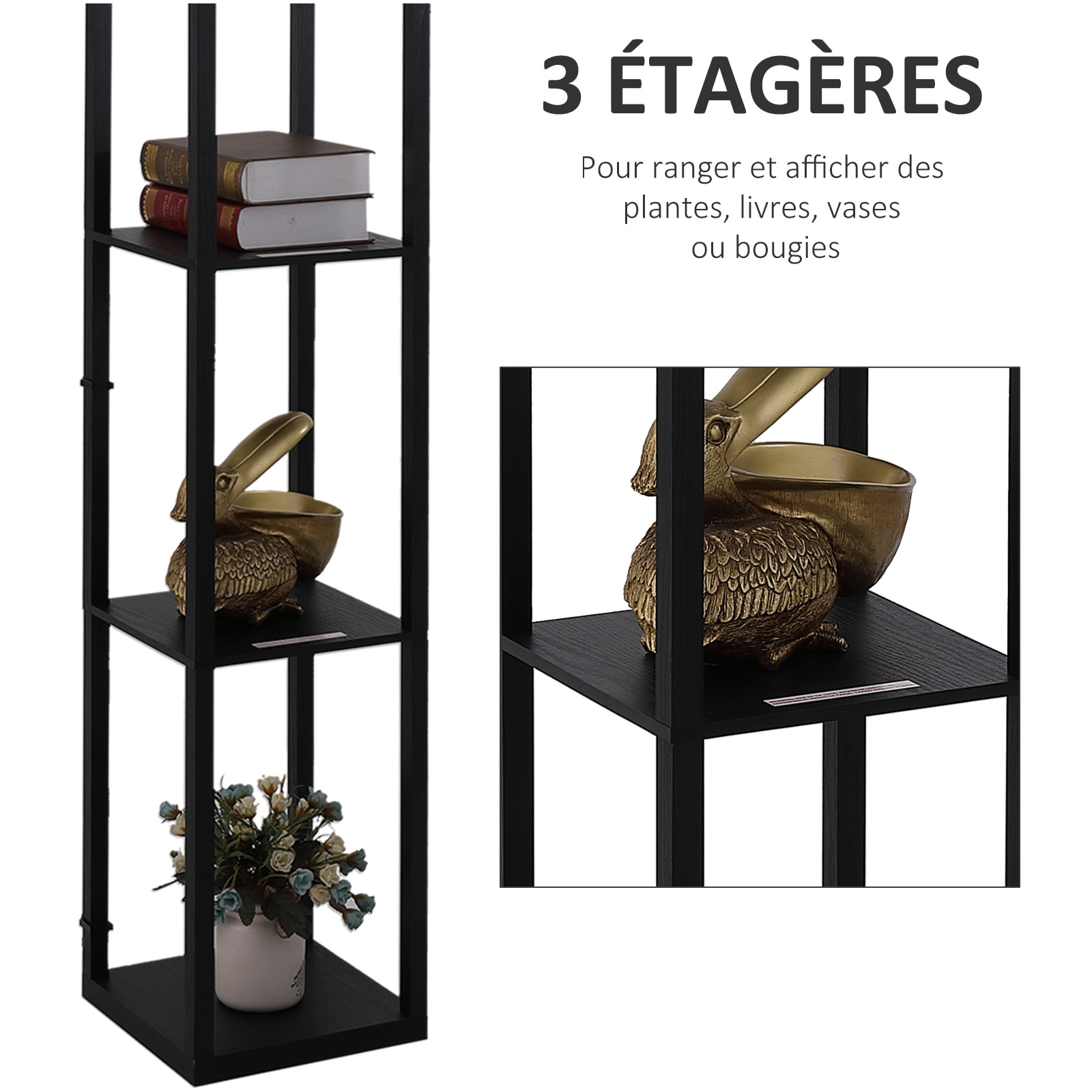 Lampadaire étagère lampe étagère 26L x 26l x 160H cm 3 étagères 4 niveaux MDF noir motif nid d'abeille