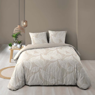 Parure de lit 3 pièces en coton à motif feuilles housse + taies - Naturel