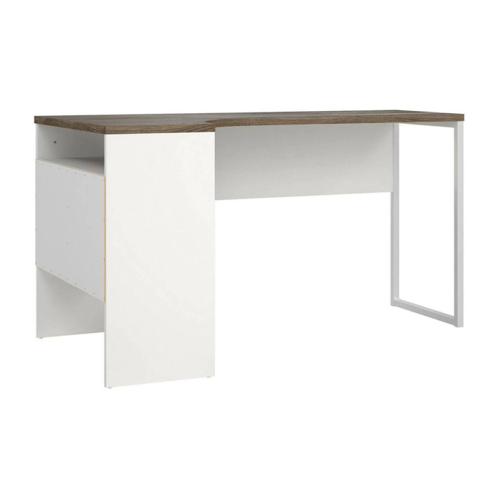 Scrivania Moire, Scrittoio multiuso, Tavolo per ufficio porta PC, Piano di lavoro, 145x81 h77 cm, Bianco e Noce