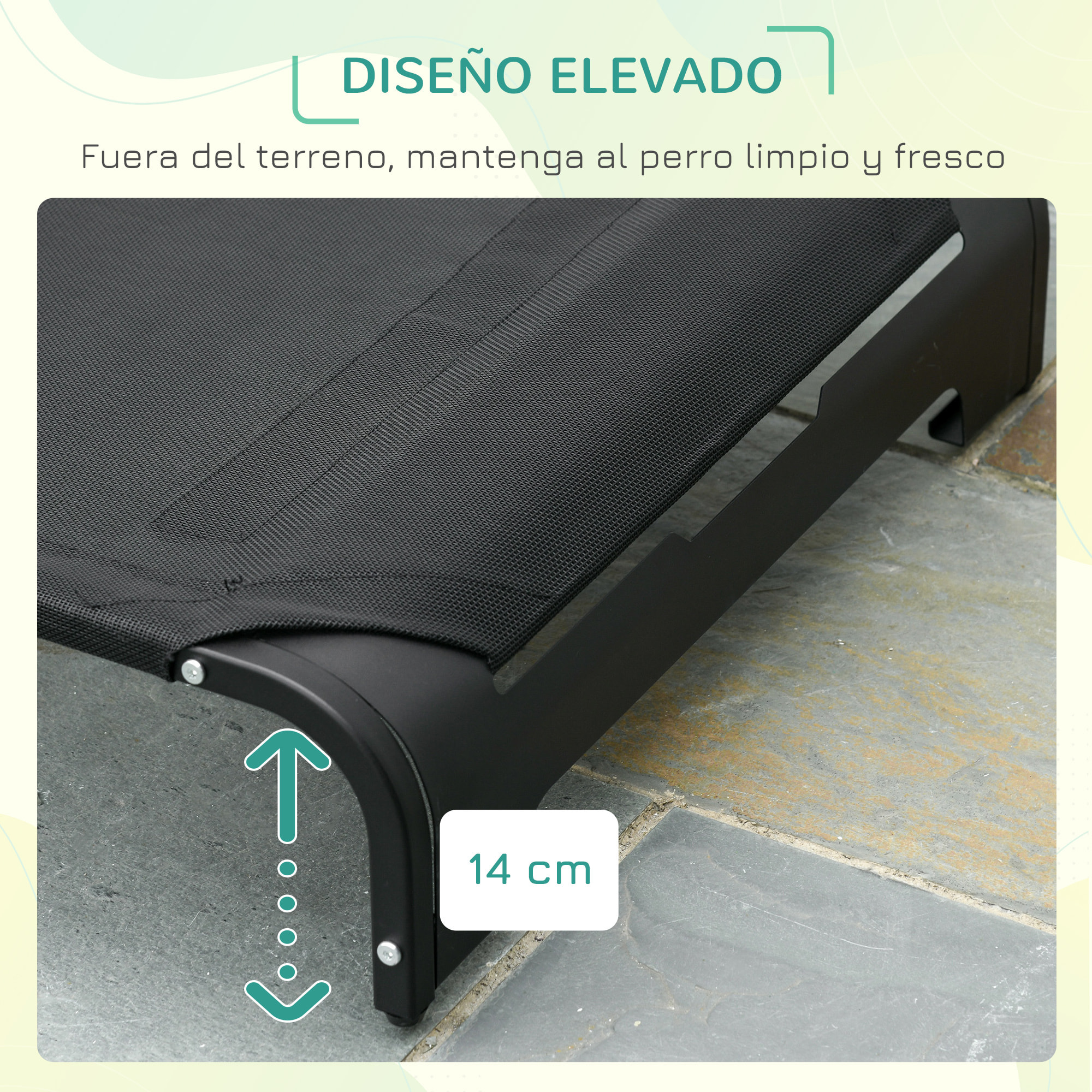 Cama Elevada para Mascotas Perros Gatos Tela Transpirable con Almohada Extraíble Exterior Interior Jardín Terraza 91x60x23 cm Negro