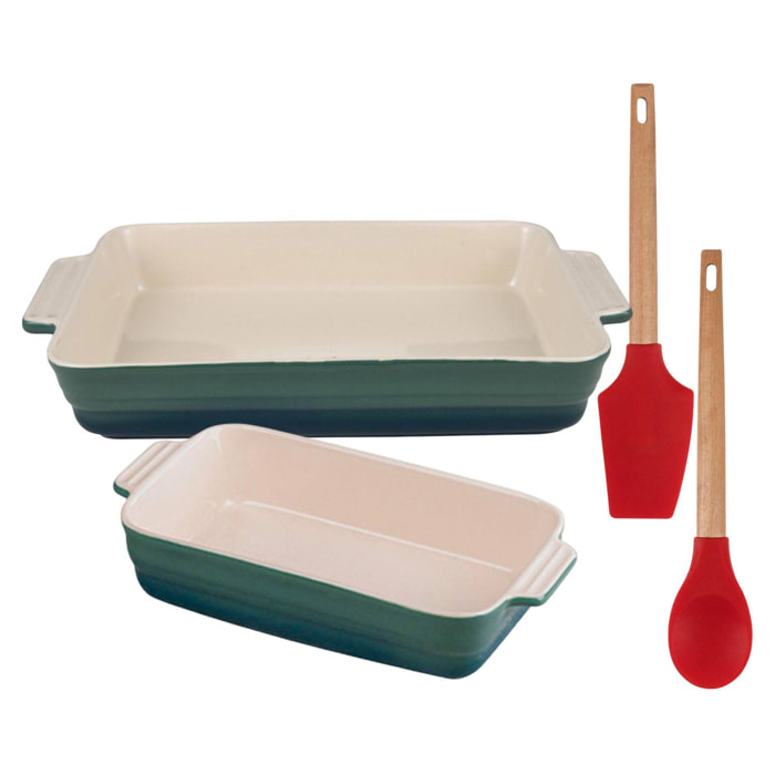 Juego de 2 Utensilios de cocina - Cuchara y espátula de silicona + 2 Fuentes de horno rectangulares en Gres color verde EXCALIBUR Bergner
