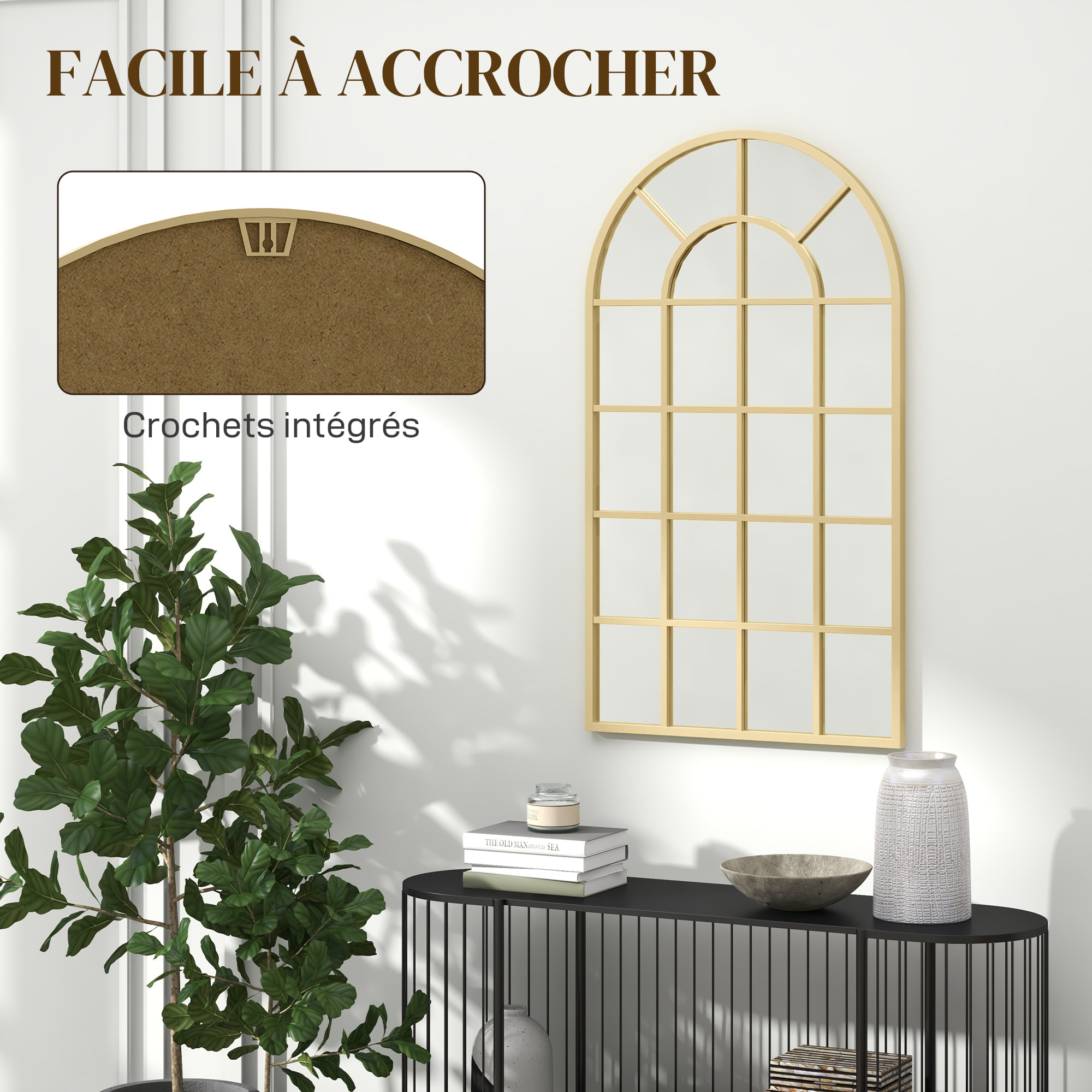 Miroir mural aspect verrière style classique chic - 65L x 110H cm - métal doré verre 3 mm