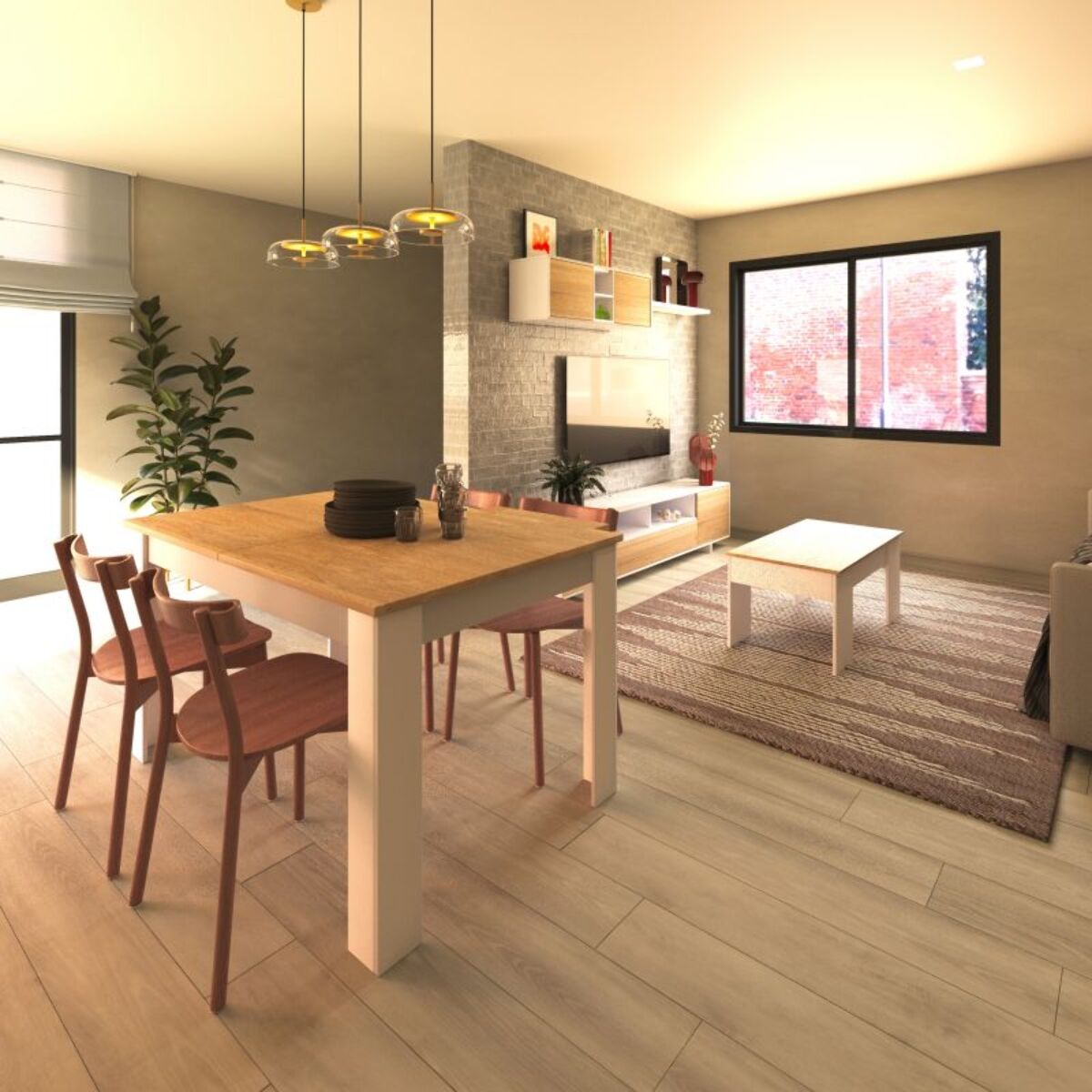 Pack mesa de comedor 123 y mesa de centro Vita Blanco Artik (Blanco Mate) - Roble Canadian