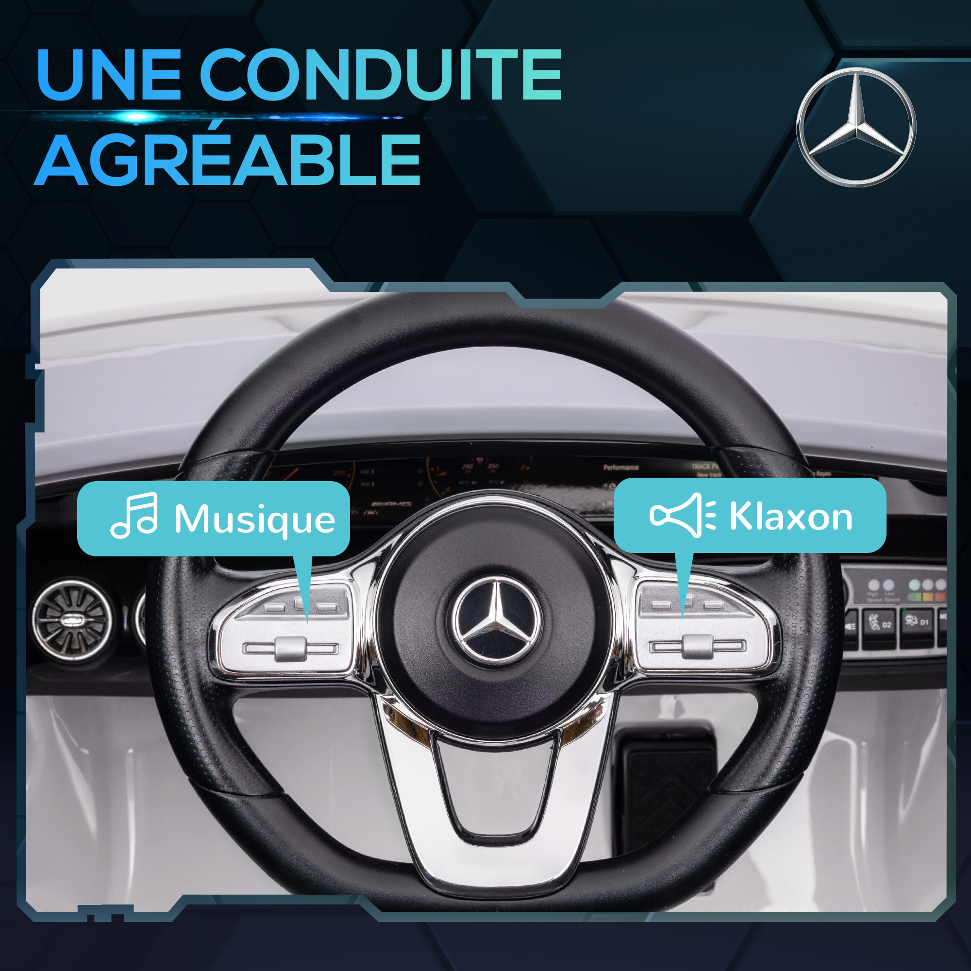 Voiture électrique enfant Mercedes CLA 45S AMG - 12V, 2 moteurs, 5Km/h max. - télécommande - nombreux effets - blanc
