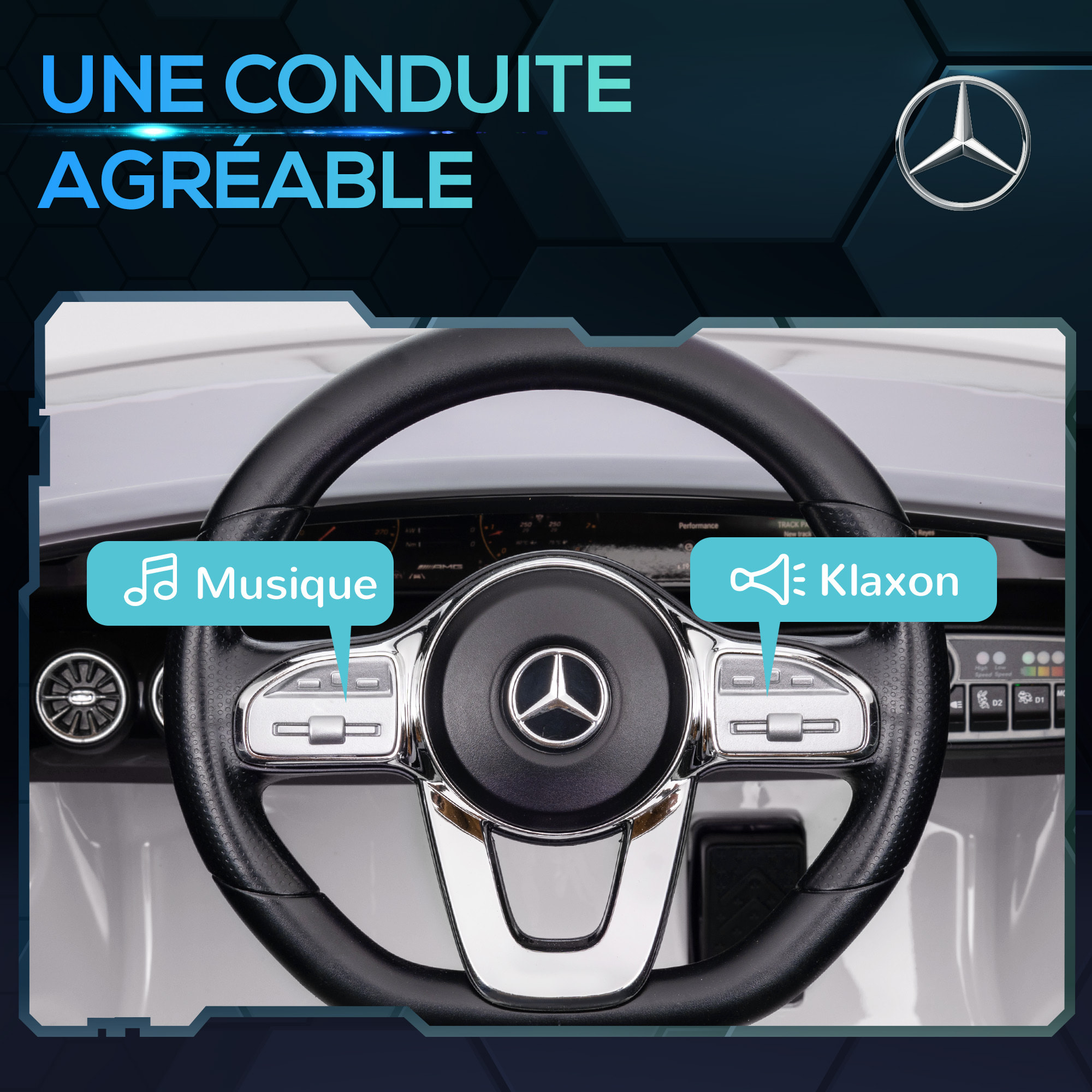 Voiture électrique enfant Mercedes CLA 45S AMG - 12V, 2 moteurs, 5Km/h max. - télécommande - nombreux effets - blanc