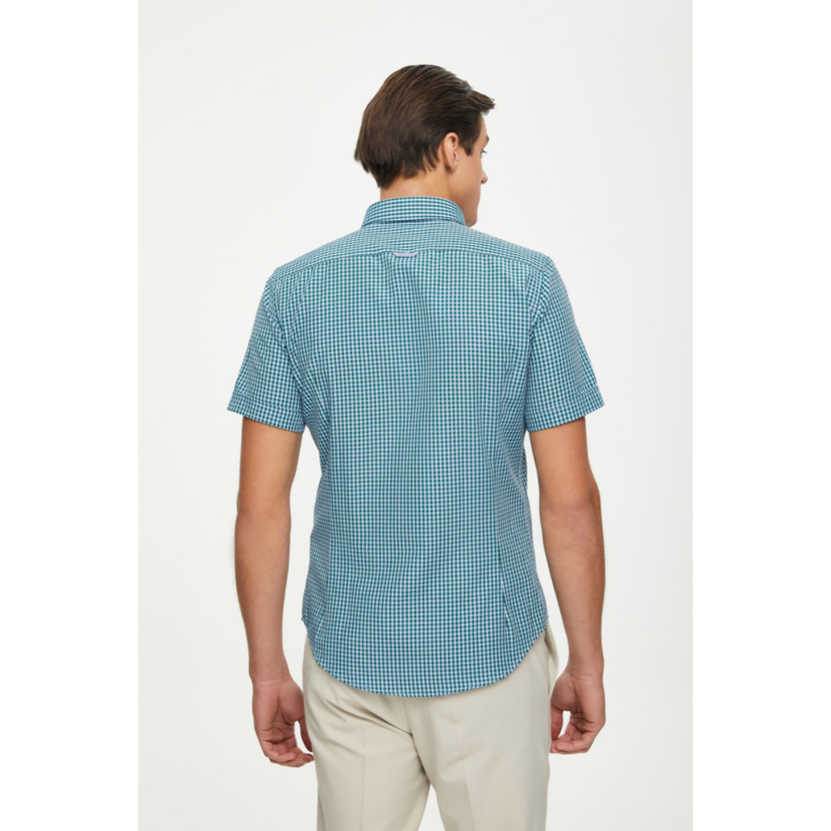 Camicia Uomo 1 Bottone Button Down Manica Corta Slim Cotone Poliestere Quadro Piccolo Celeste e Verde Scuro