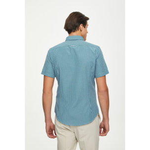Camicia Uomo 1 Bottone Button Down Manica Corta Slim Cotone Poliestere Quadro Piccolo Celeste e Verde Scuro