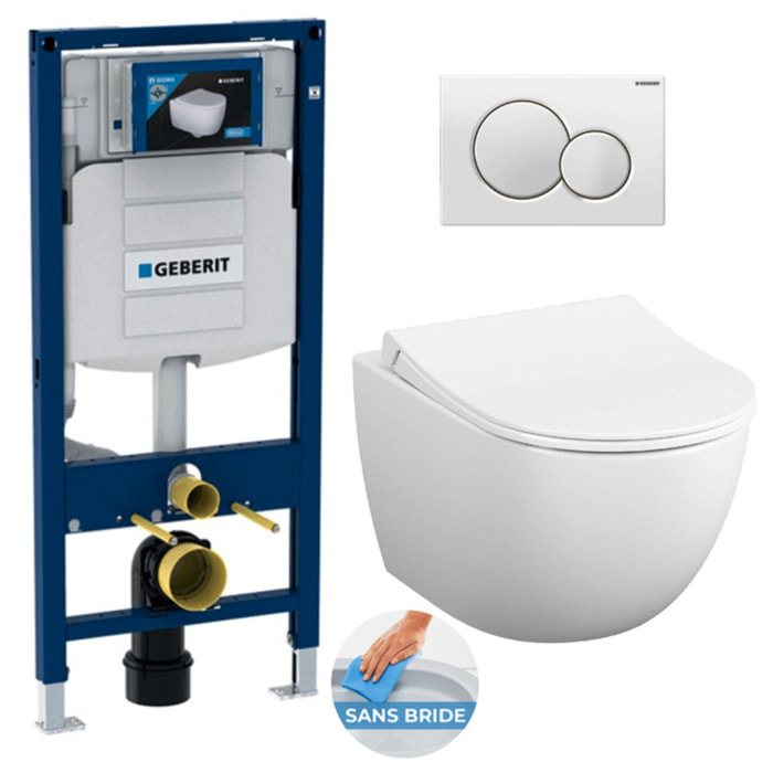 Pack WC Bati-support Geberit + WC Vitra Sento fixations invisibles + Abattant softclose + Plaque blanche (GebSento-B)