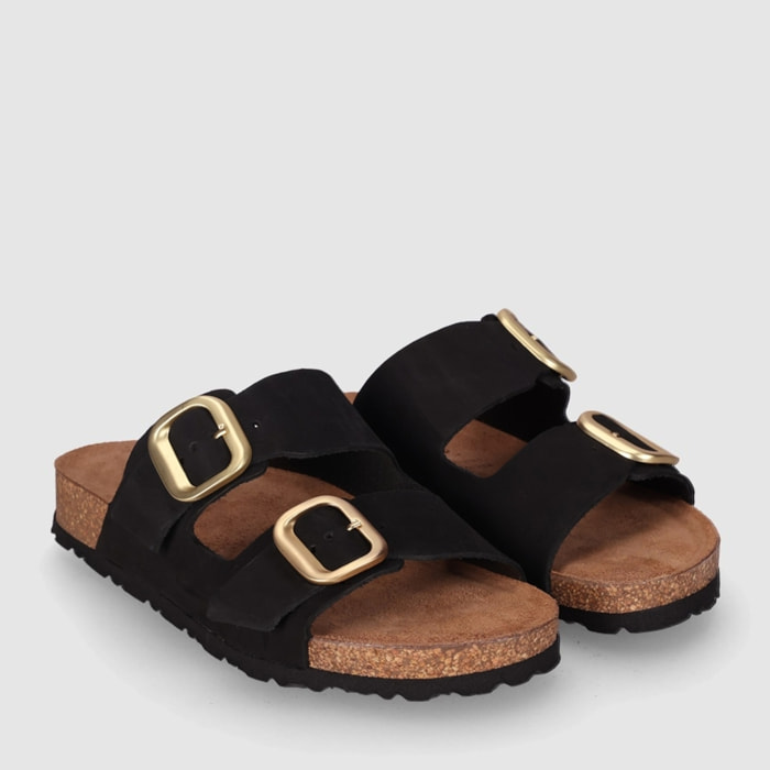Sandalias de Piel - Negro - Tacón: Bajo