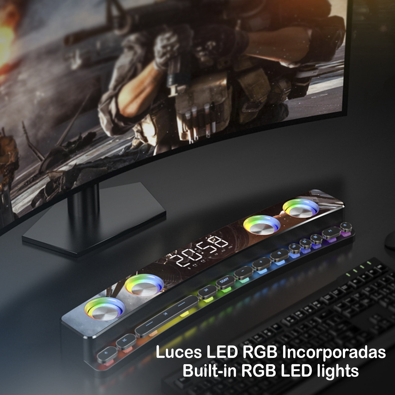 Barra de sonido SH39 Bluetooth 5.0 con teclas mecánicas, pantalla y luz RGB. Batería de 3600mAh. Gaming, home cinema.