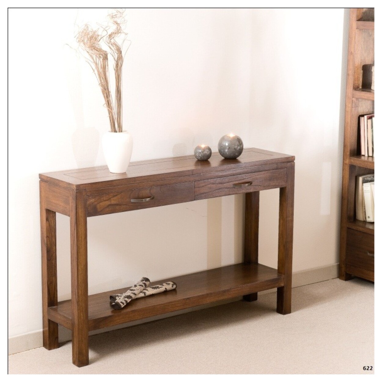 LAUREN - Console marron rectangulaire 2 tiroirs bois Mindi