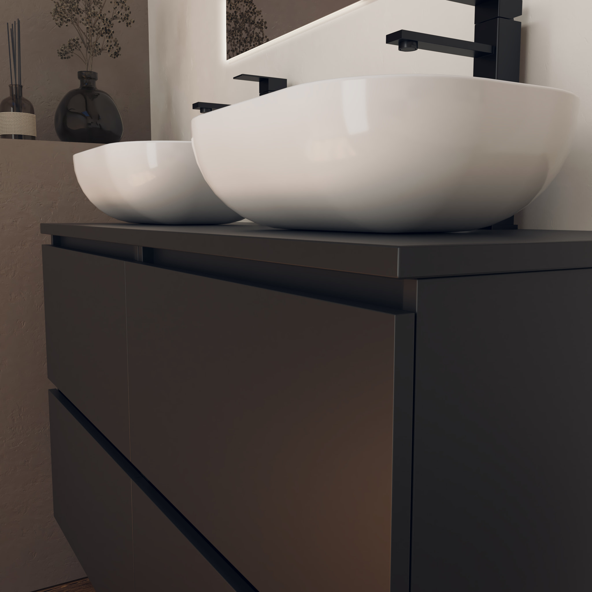 Conjunto de Baño Kaji | Mueble de Baño Suspendido | 120 cm Negro| Cuatro Cajones | Lavabo Ovalado sobre Encimera | No incluye Espejo | Alday