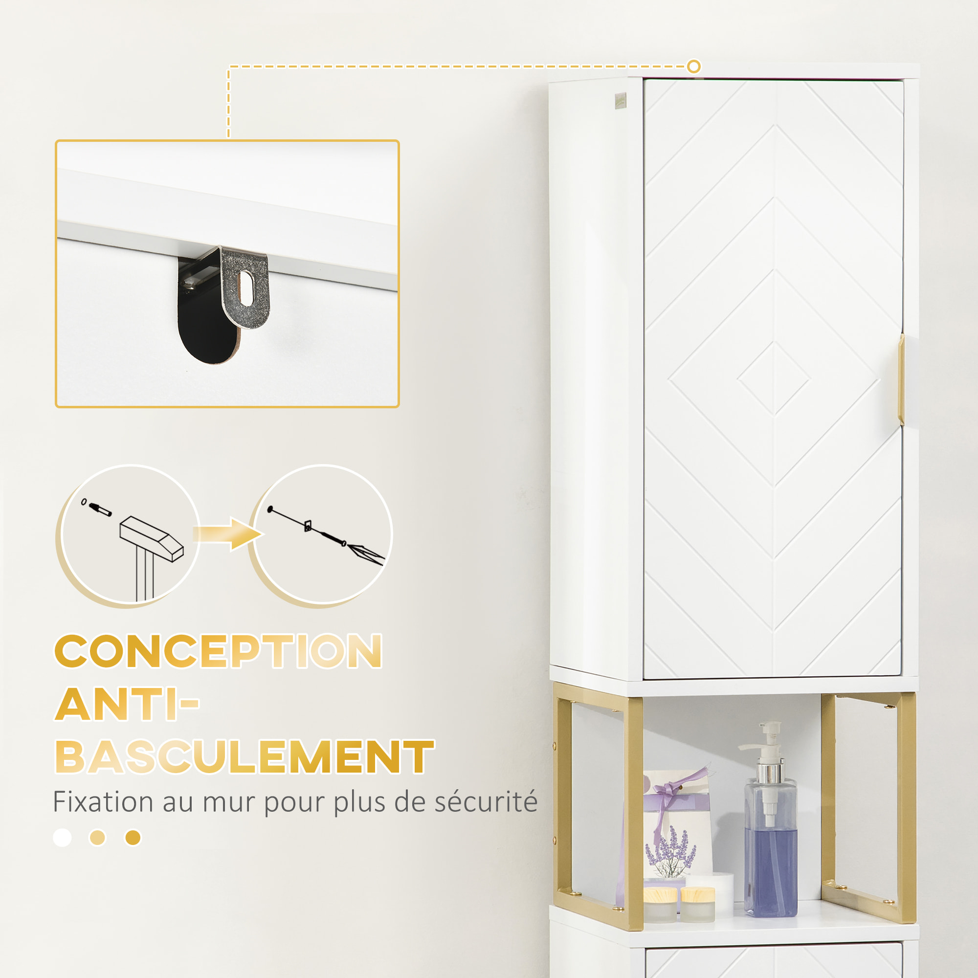 Meuble colonne rangement salle de bain design - 2 portes, 2 étagères, niche - acier doré MDF blanc