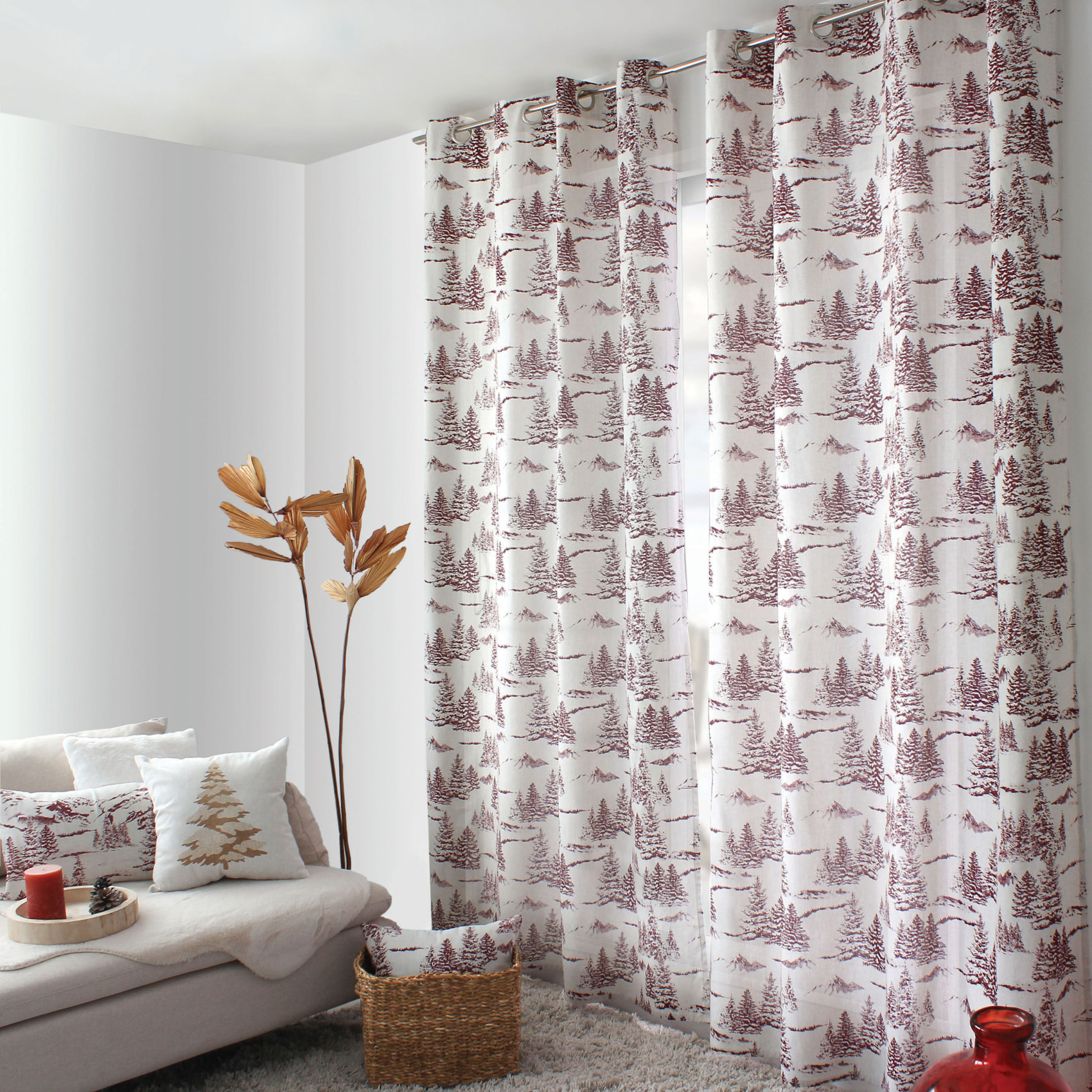 Rideau imprimé montagne en coton recyclé - Rouge