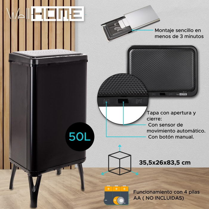 Well home - cubo de basura inteligente con apertura automática y contacto manual de 50l, 35,5x26x83,5cm color negro.