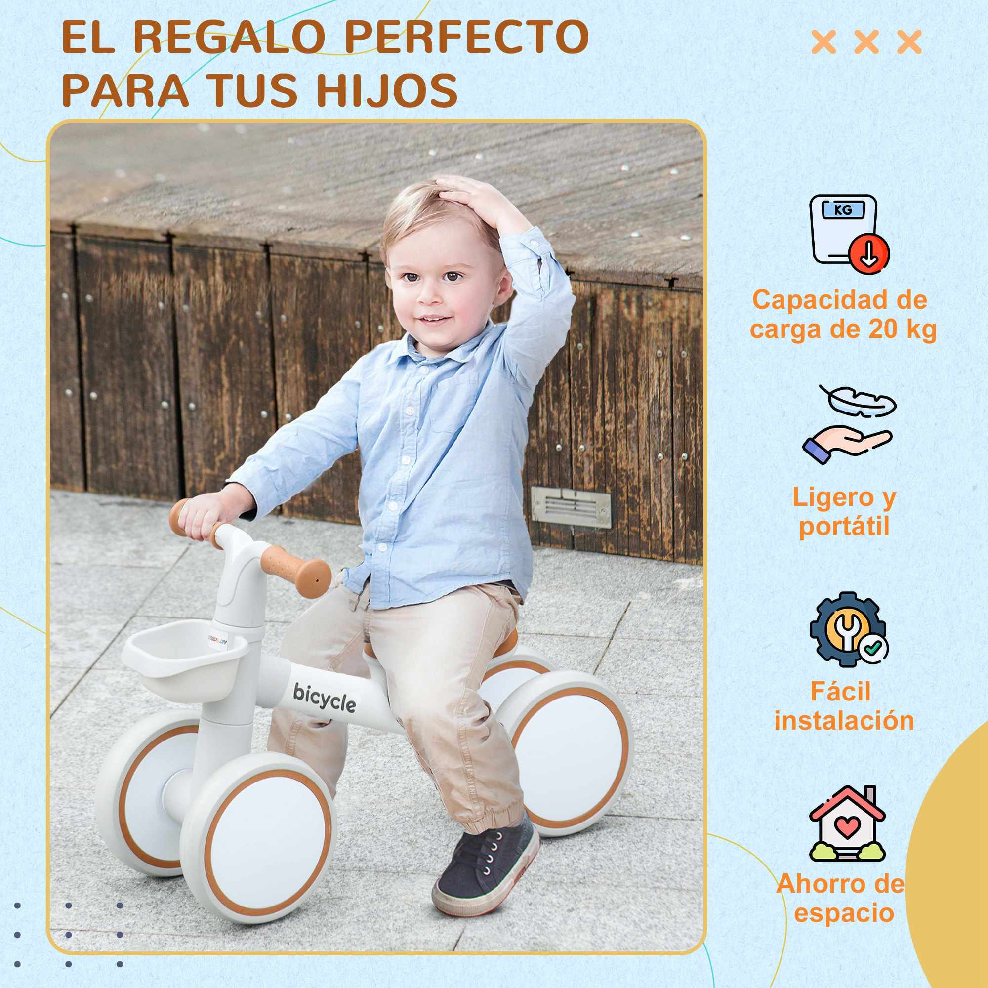 Bicicleta sin Pedales para Niños de 12-36 Meses Bicicleta de Equilibrio con Asiento Ajustable Cesta y 4 Ruedas Silenciosas Carga 20 kg 56x27x39 cm Blanco y Marrón