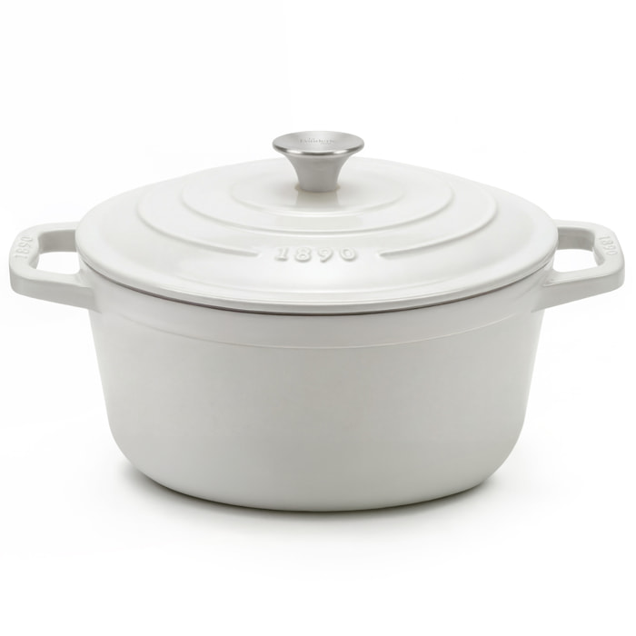La Fonderie 1890 IENA25, Cacerola de hierro fundido, 25cm, capacidad 4,7L, beige, compatible con todos los fuegos, inducción, gas, parrilla y horno.