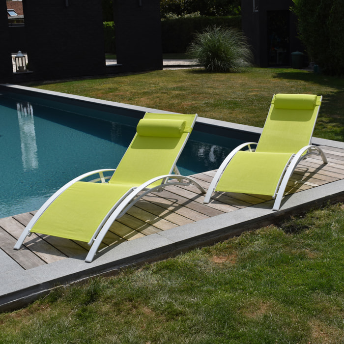 Lot de 2 transats GALAPAGOS en textilène vert - aluminium blanc