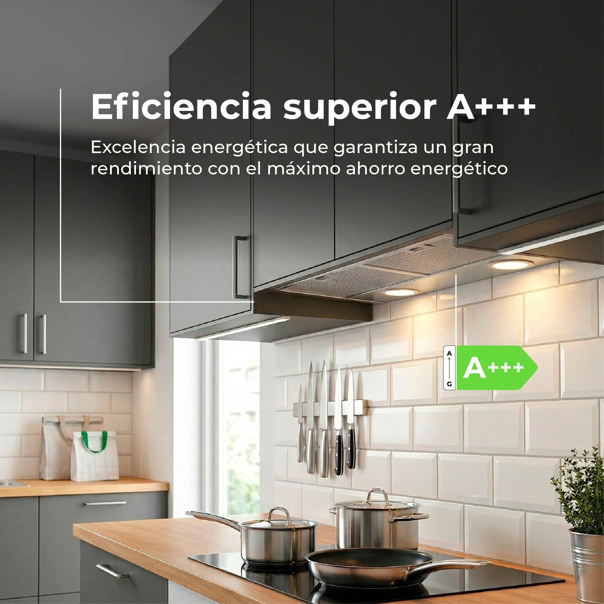EVVO Campana Extractora Integrada CEi 55 Inox, 55 cm, 875 m³/h, A+++, Bajo Ruido, LED, Filtros de Aluminio y Carbón