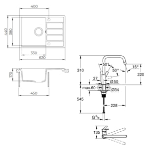 62x44 cm kit évier avec égouttoir réversible en Granite, à encastrer, blanc + mitigeur lavabo/cuisine Grohe Start (SATSE2WG304)