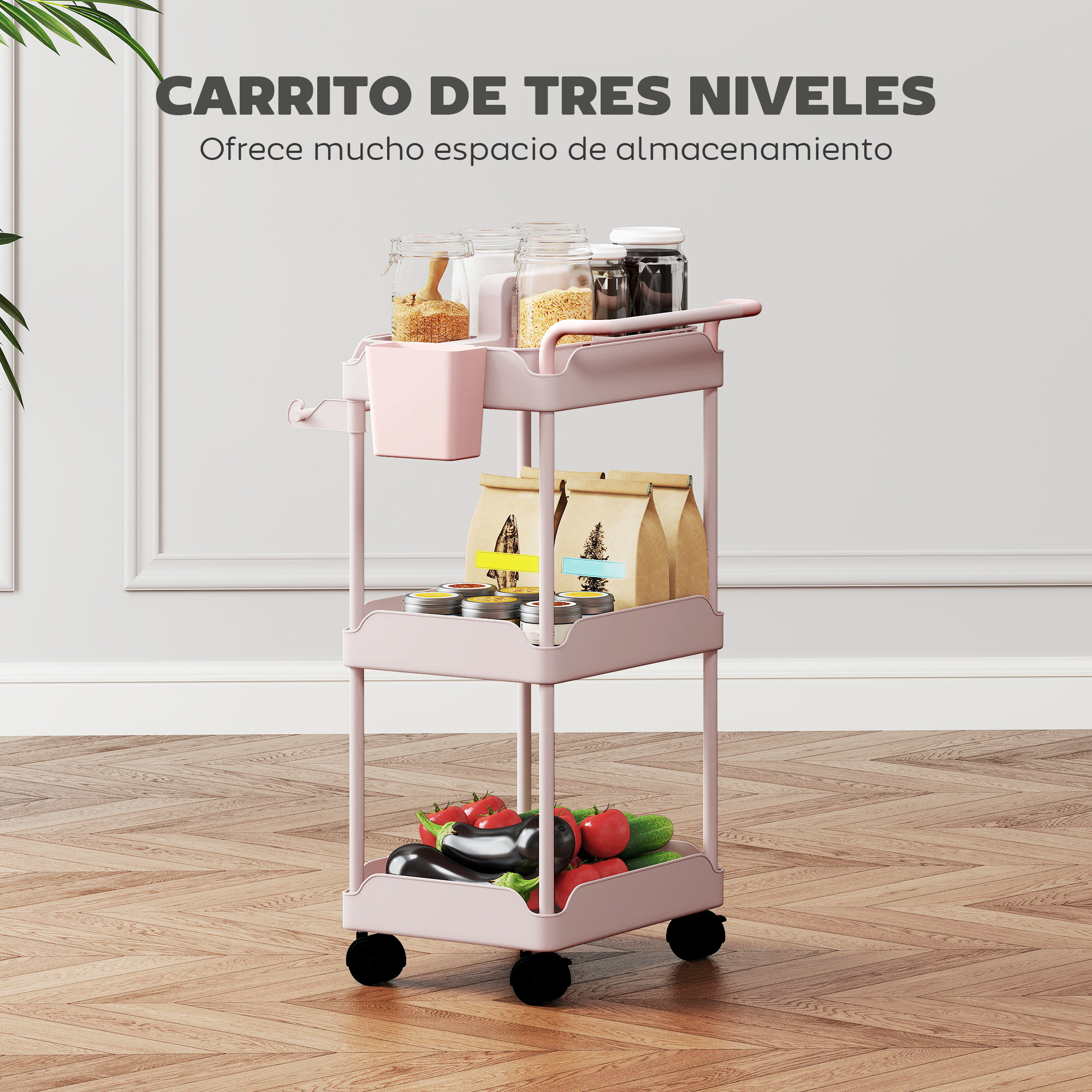 Carrito Auxiliar con Ruedas de 3 Niveles, Carrito de Cocina con Cestas Extraíbles, Ruedas con Freno, Soporte para Toallas y Marco de Metal, Carro de Servicio para Comedor, Salón, Baño, Rosa