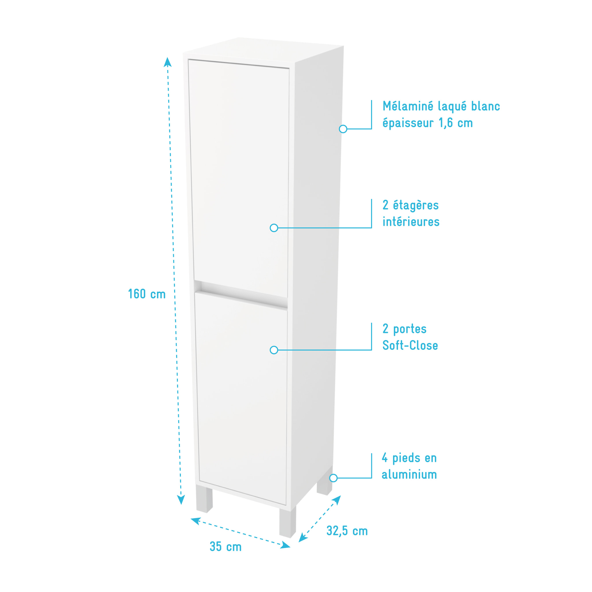 Colonne de rangement Blanc Laqué sur Pieds - Hauteur 160 cm - 2 Portes - XENOS