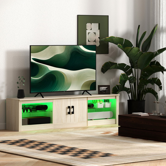 Mueble de TV Moderno Mueble de TV para Salón con Luces LED RGB Puertas con Cierre Lento y Estantes de Vidrio Abiertos Mueble para Televisión de 75 Pulgadas 180x35x45 cm Roble