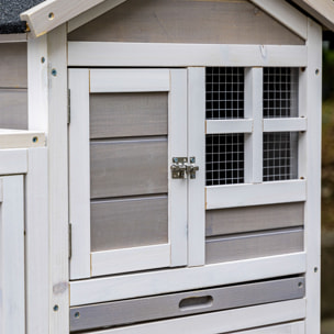 Clapier cage à lapins cottage - niche supérieure avec rampe et enclos extérieur - plateau excrément, toit bitumé, 4 portes verrouillables - bois sapin blanc gris