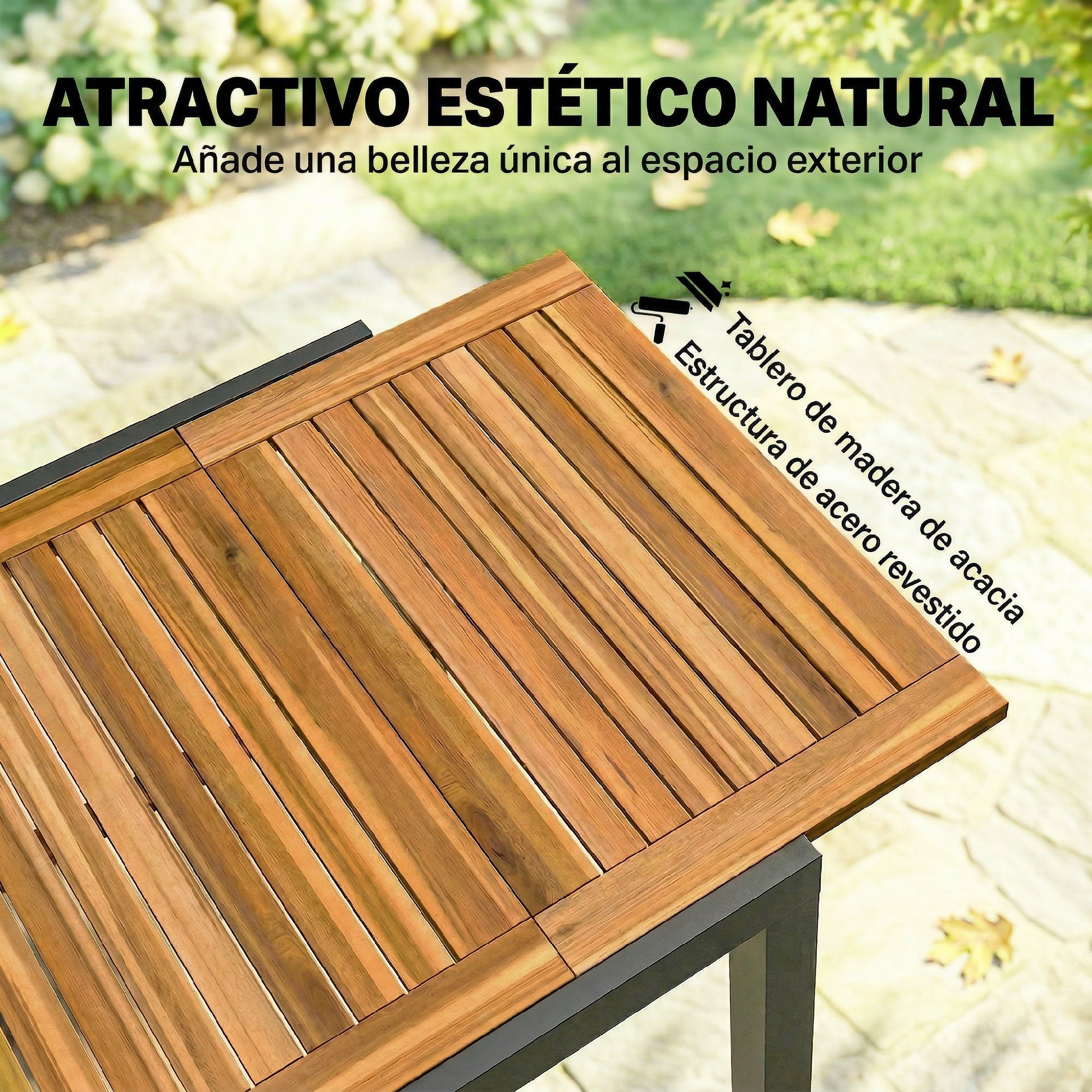 Mesa de Jardín Extensible 120/80x70 cm, Mesa de Comedor Exterior Extensible Rectangular con Estructura de Acero y Tablero de Madera de Acacia, para 4-6 Personas, para Patio, Terraza, Natural
