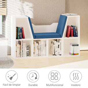 Librería con Asiento Estantería de Libros con 6 Cubos Zapatero con Banco con Cojín Multiusos para Sala de Estar Oficina Dormitorio 102x30x61cm Blanco y Azul