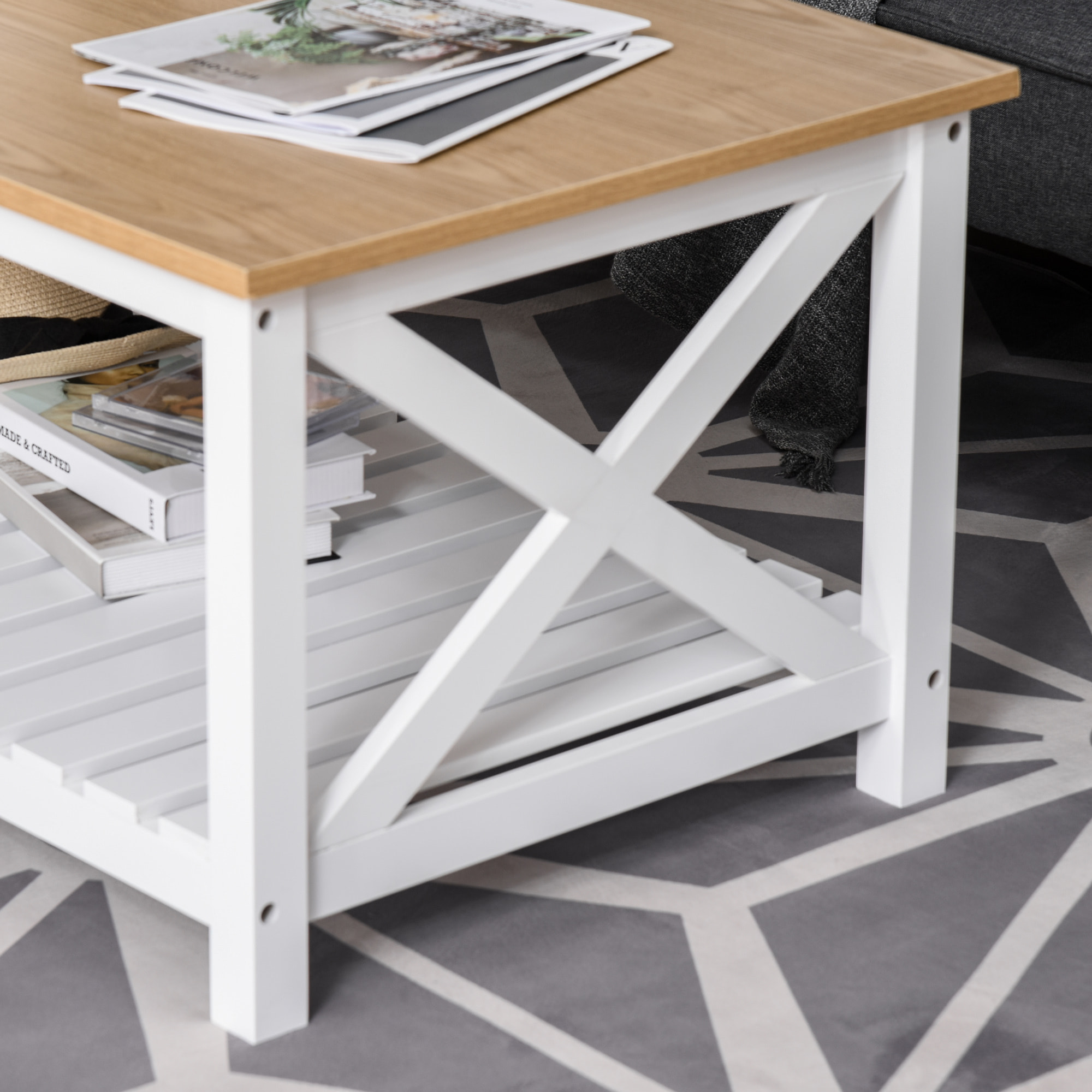 Table basse rectangulaire dim. 116L x 60l x 48H cm étagère à lattes plateau imitation chêne clair MDF blanc