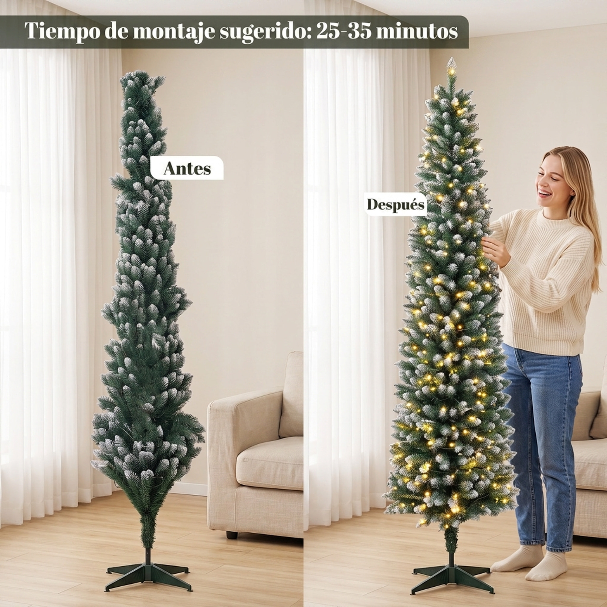 Árbol de Navidad Estrecho con 170 Luces LED Bicolor, 180 cm, Árbol de Navidad de Abeto Nevado, 351 Ramas Ignífugas, 11 Modos, Mando a Distancia, Estructura de Acero, Verde y Blanco