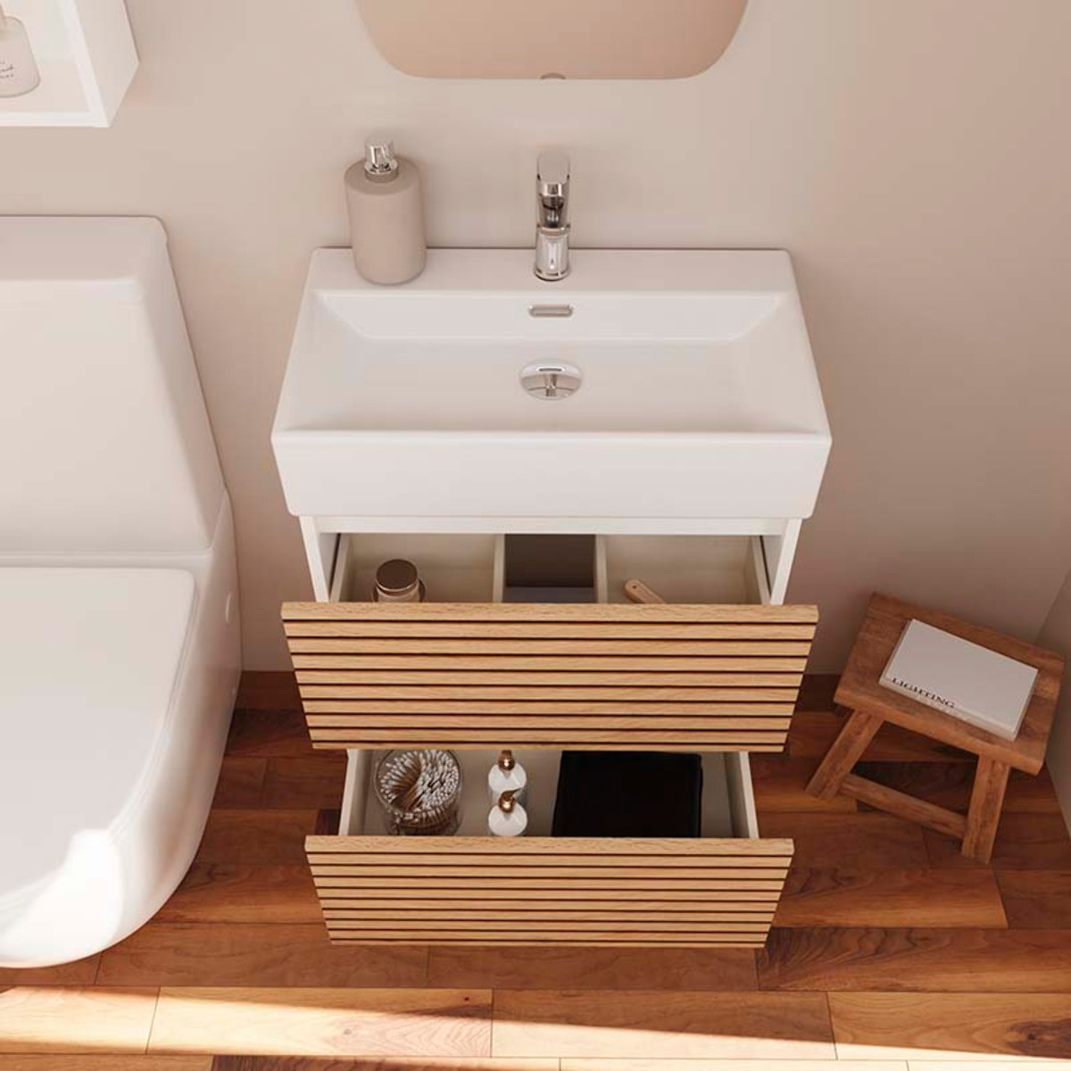Meuble de Salle de Bain YINU | 60 cm Blanc - Solomon | Fond 36 cm | Deux Tiroirs | Lavabo Encastre | N'inclut Pas Miroir | Meuble Monte | Alday