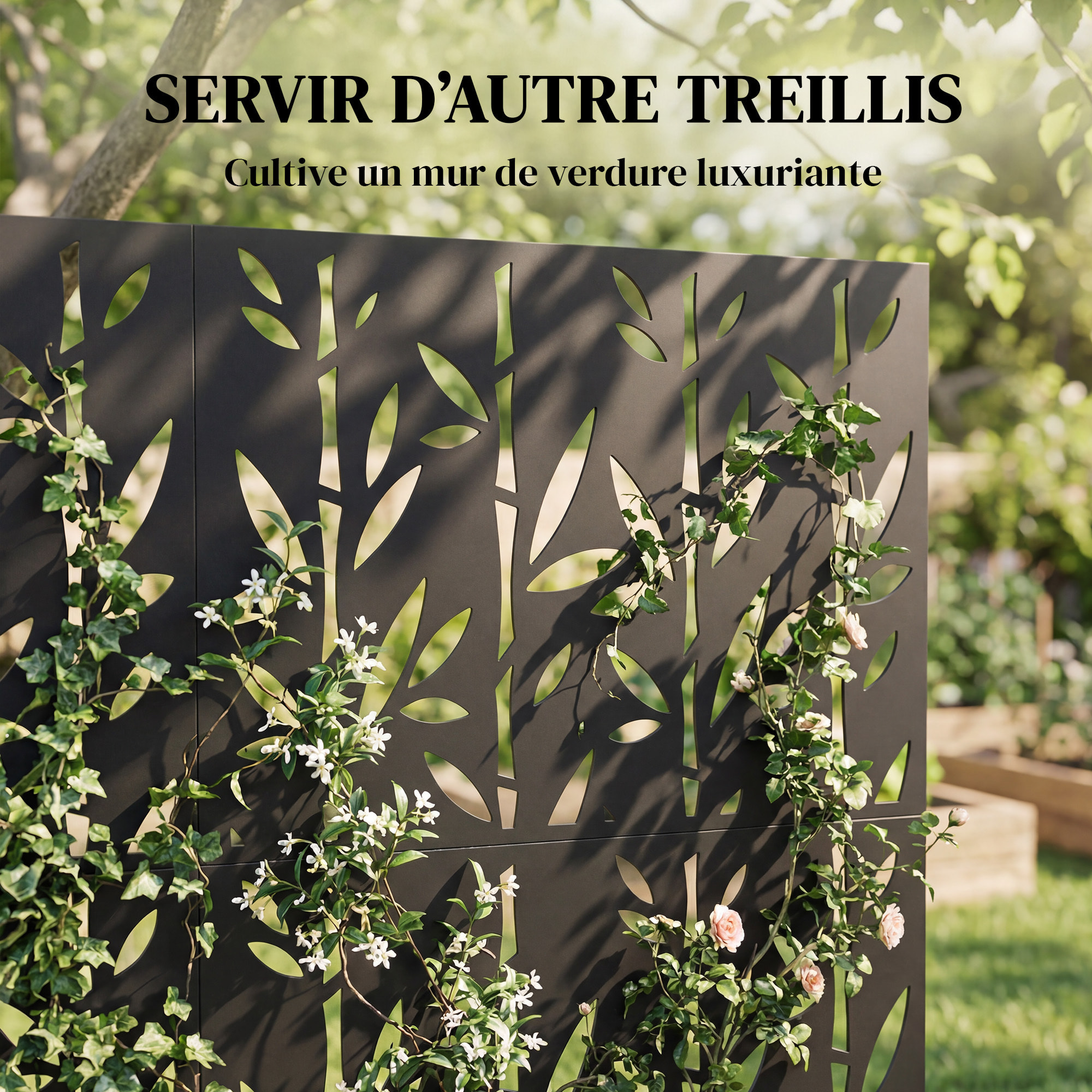 Panneau décoratif extérieur métal - brise vue motif bambou - 92 x 40 x 192 cm - métal époxy noir
