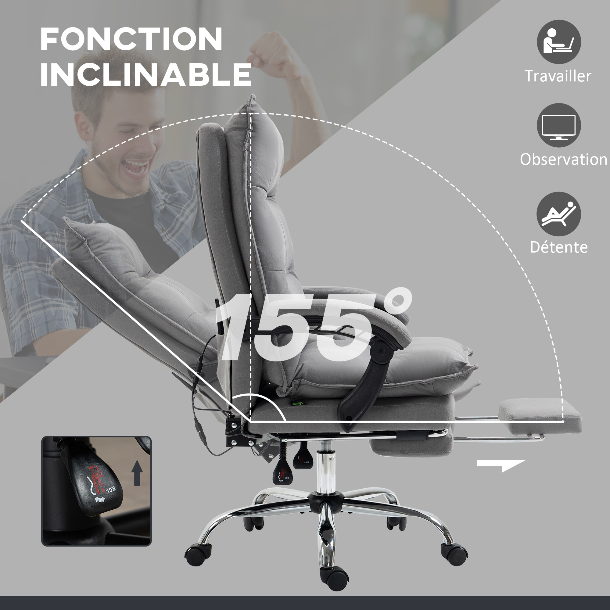 Fauteuil de bureau massant chauffant inclinable réglable repose-pieds rétractable microfibre gris