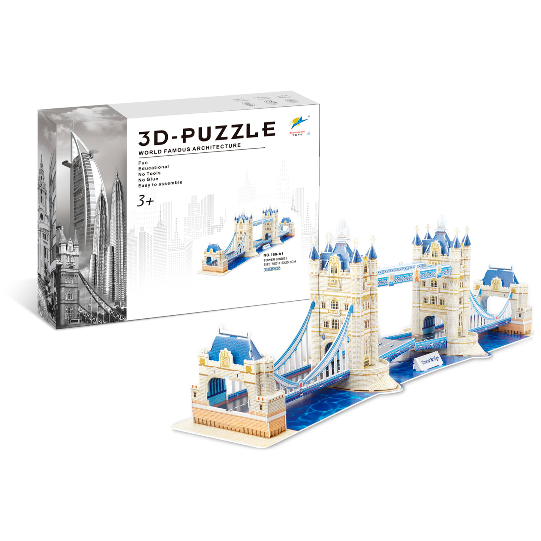 Puzzle 3D del Tower Bridge a Londra. Contiene 120 pezzi che puoi assemblare senza bisogno di attrezzi o colla. Raccomandato per bambini di oltre 3 anni.