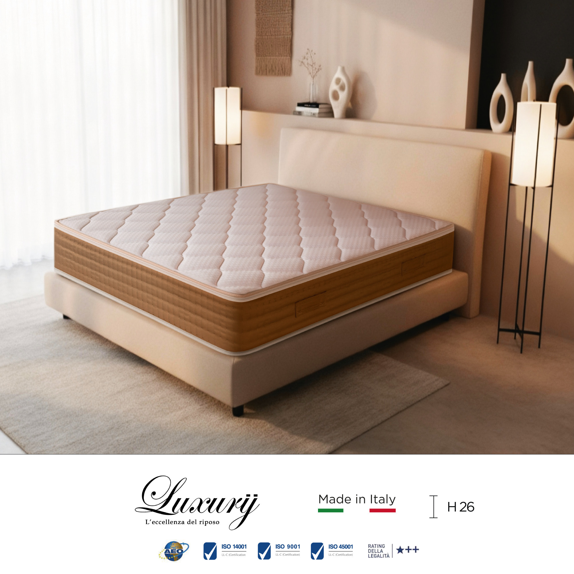 "Murano" H26 cm 90x200 guanciale Hydrogel OMAGGIO a molle insacchettate indipendenti ,7 zone a portanza differenziata arrotolato