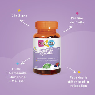 PEDIAKID - Gommes Sommeil - Complément alimentaire - Tilleul, Aubépine, Camomille & Mélisse - Facilite l'endormissement - Favorise un sommeil de meilleure qualité - Sans gélatine - 60 gommes