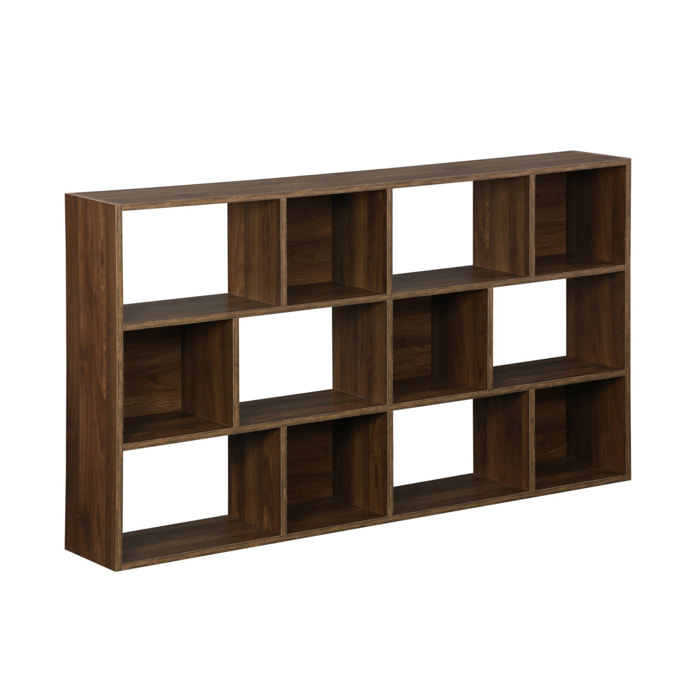 Bibliothèque design asymétrique noyer. Pieter. 3 étagères. 12 compartiments de rangement