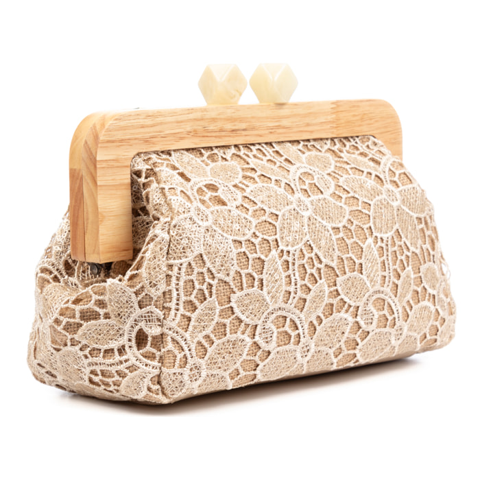 Borbera Borsa a tracolla Donna. Realizzato in legno naturale, cotone e juta con design a rete in tessuto floreale.