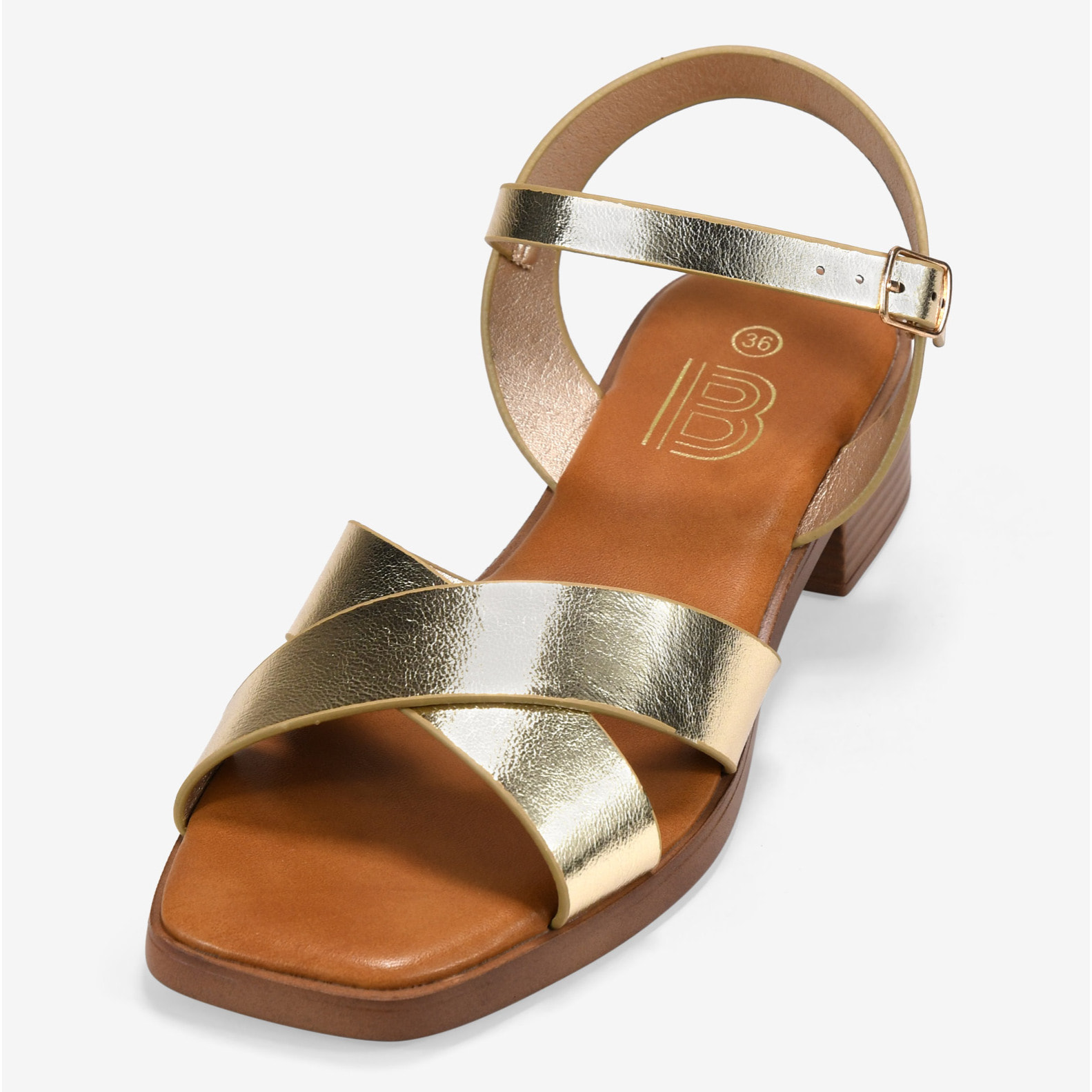 Sandalias de tacón doradas con hebilla